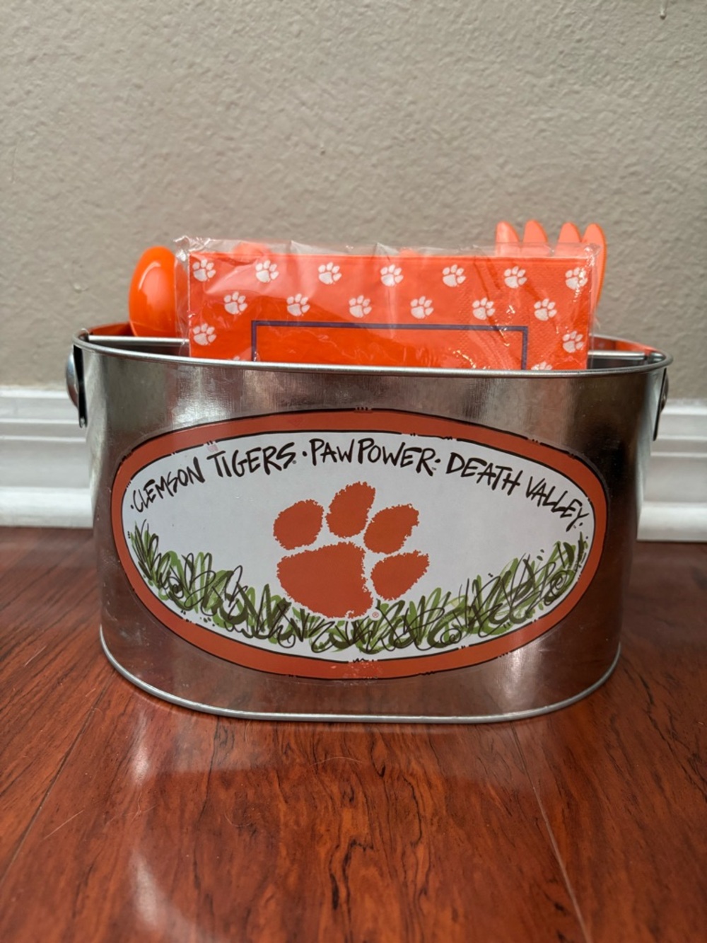 Clemson Steel Fan Tin with Orange Paw Print Theme